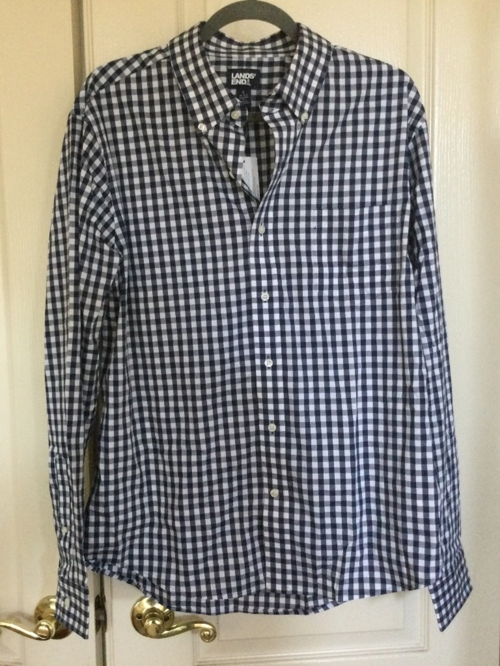 Lands End boys large cotton blend shirt navy blue & white gingham NWT